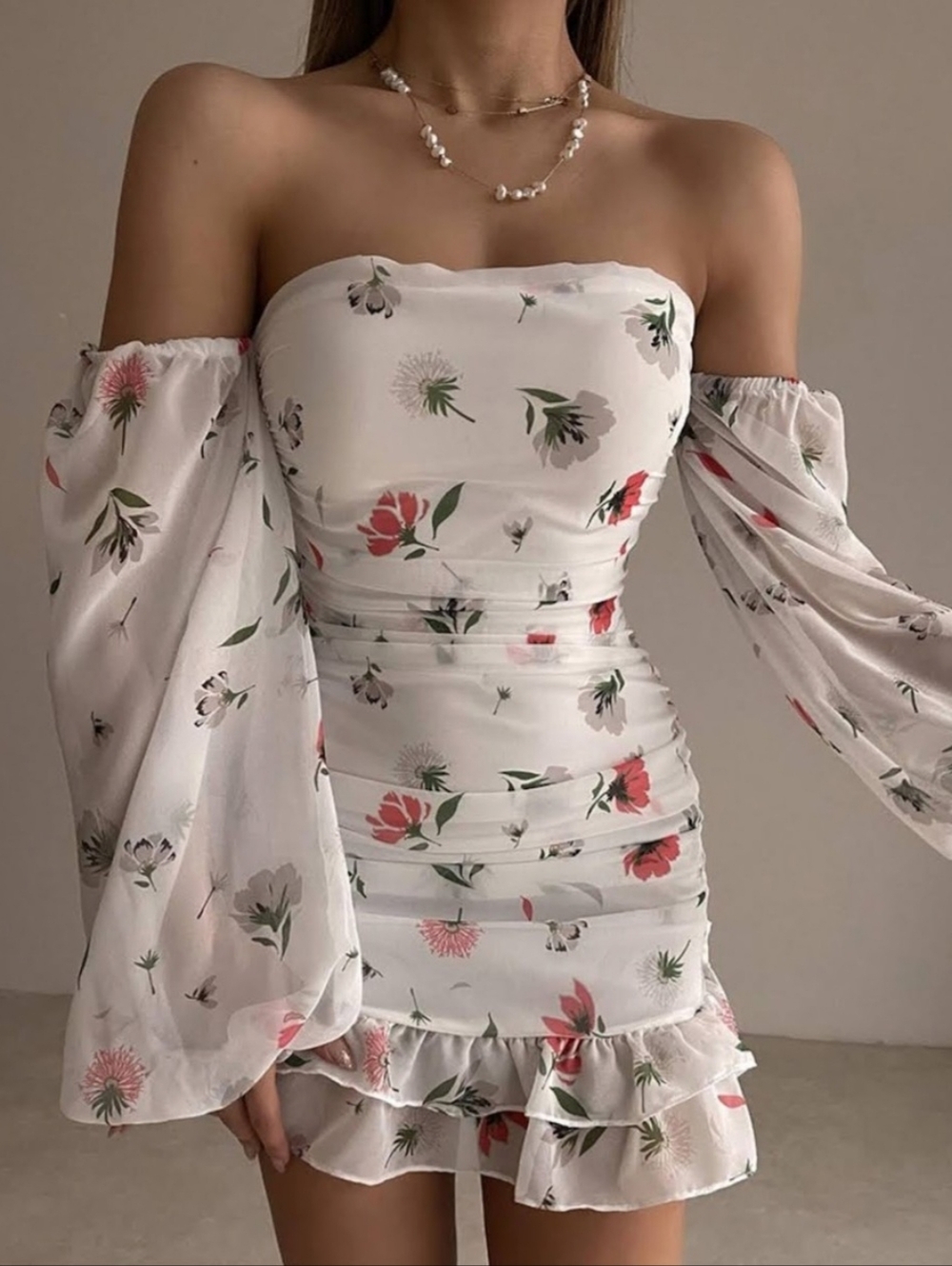 Strapless Floral Ruffle Mini Dress - White/Pink
